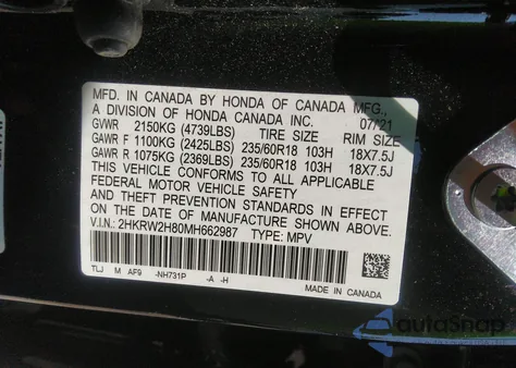 2021 Honda Cr-V Awd Ex-L z USA, uszkodzony, nr VIN 2HKRW2H80MH662987